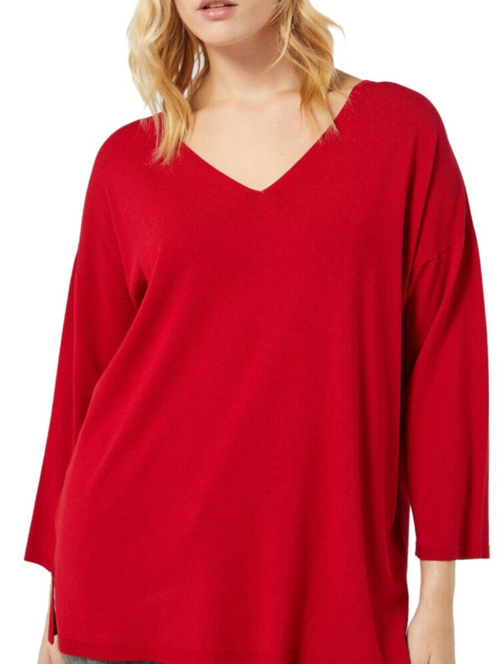 Anne Klein Sport Long Sleeve 100% Cotton Red V Neck Top